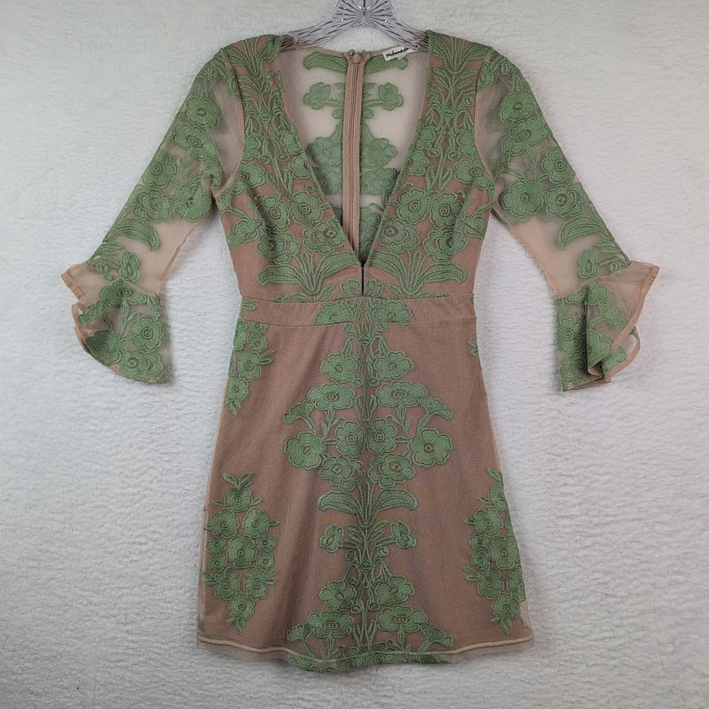 For‎ Love & Lemons Temecula Mini Dress Sz XS Tan Mesh Embroidered Green Floral